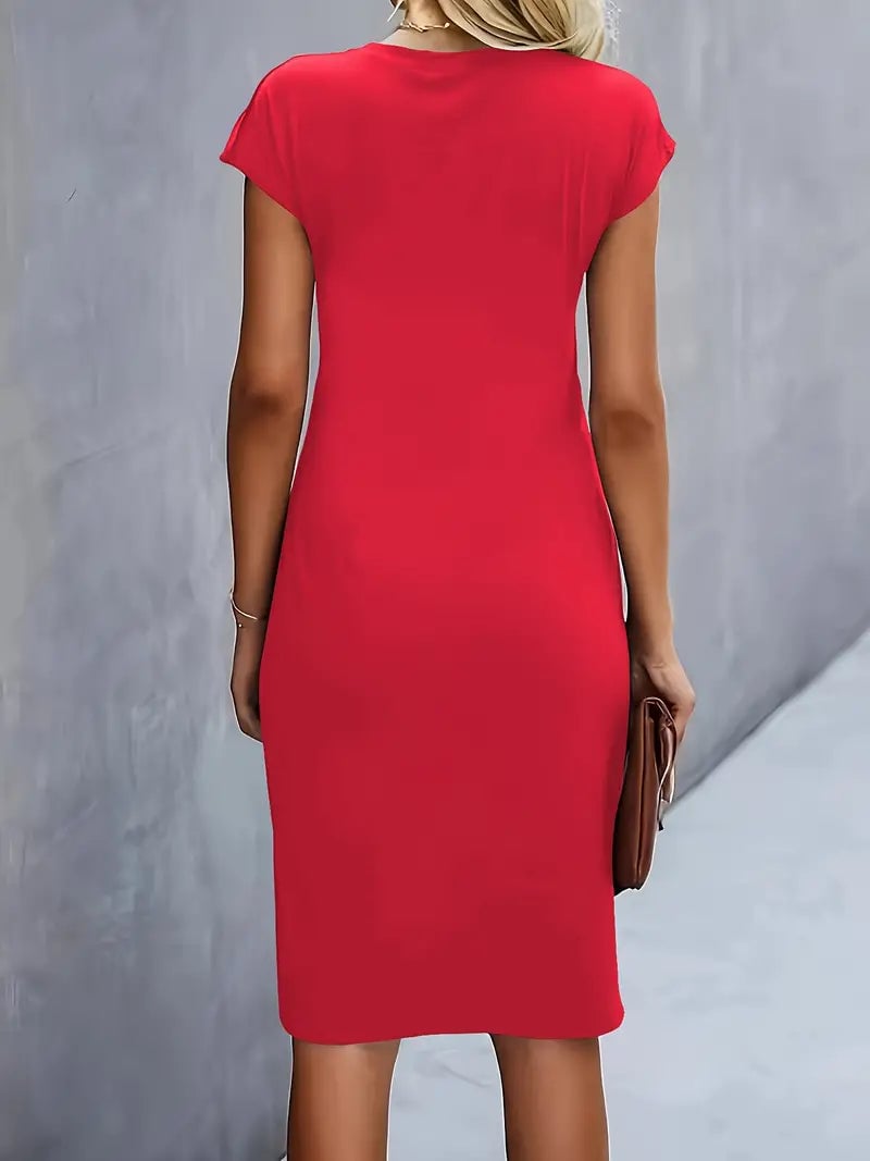 Front view of the Maya ruched midi dress in khaki
