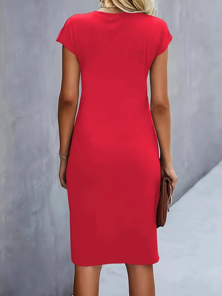 Front view of the Maya ruched midi dress in khaki