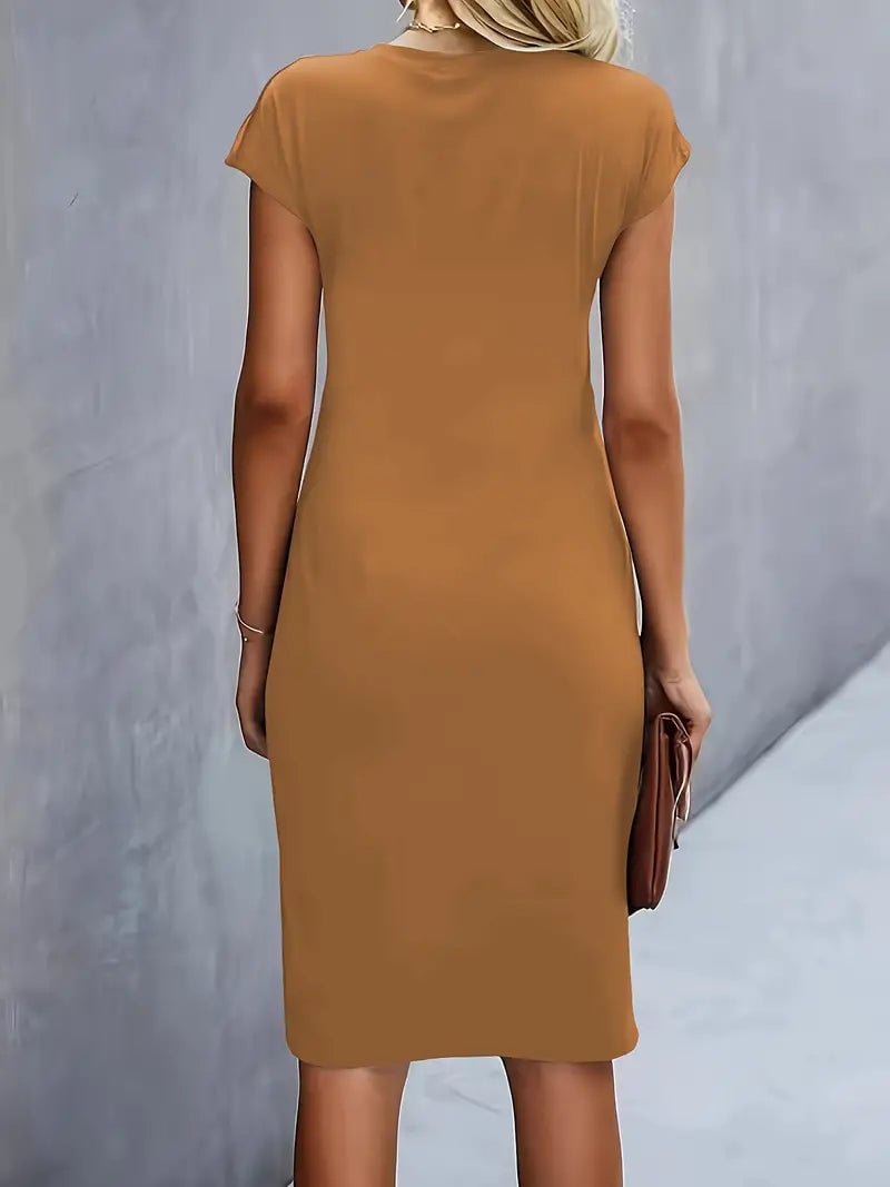 Front view of the Maya ruched midi dress in dark green