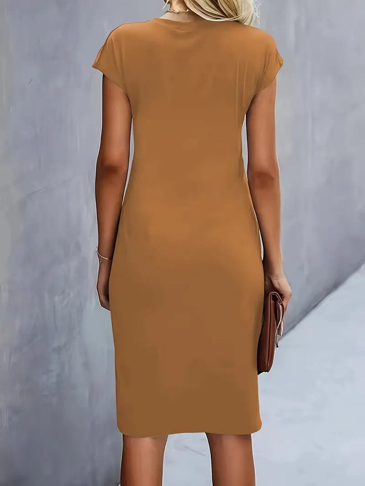 Front view of the Maya ruched midi dress in dark green