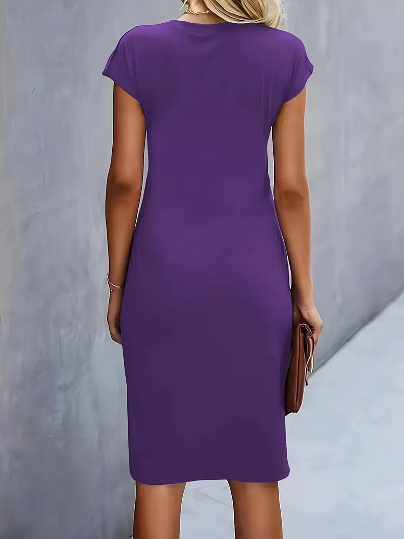 Front view of the Maya ruched midi dress in violet