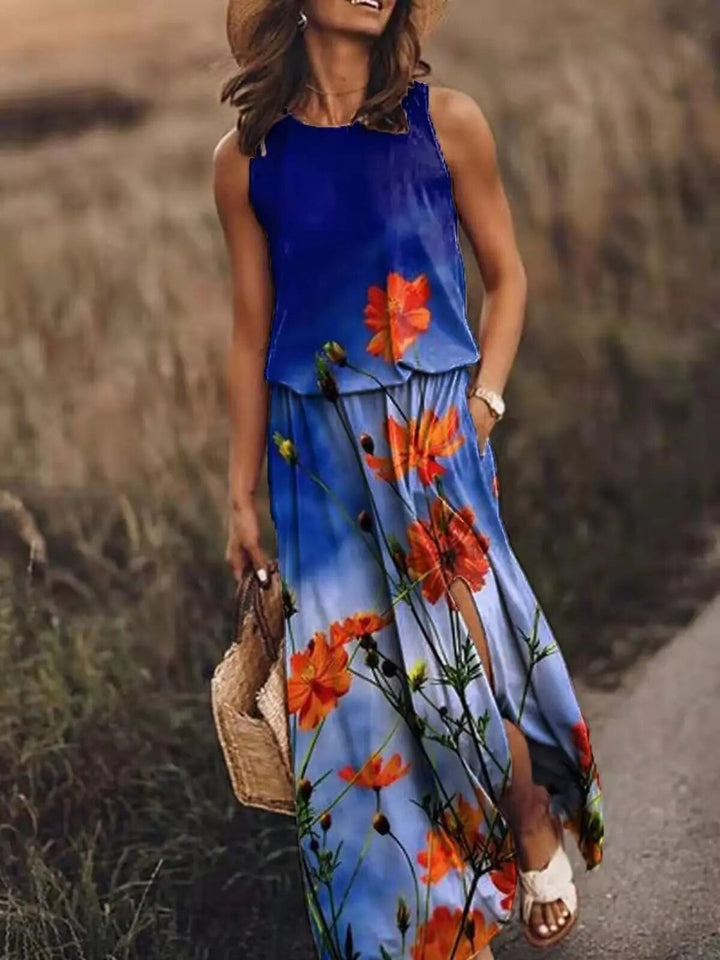 Close-up of the gathered elastic waistband detail on the Maya maxi dress in blue