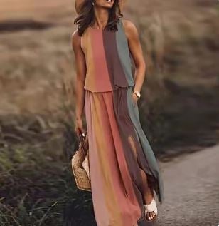 Maya sleeveless maxi dress in ombre colorway, front view showing gradient color detail