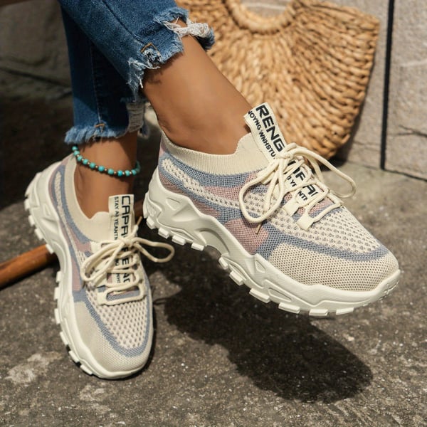 Meadow women's breathable mesh walking sneakers in beige, side profile view