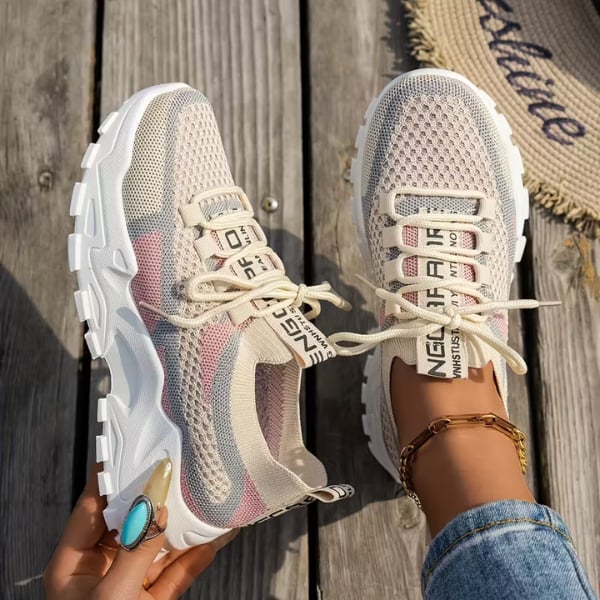 Meadow women's breathable mesh walking sneakers in beige, front view