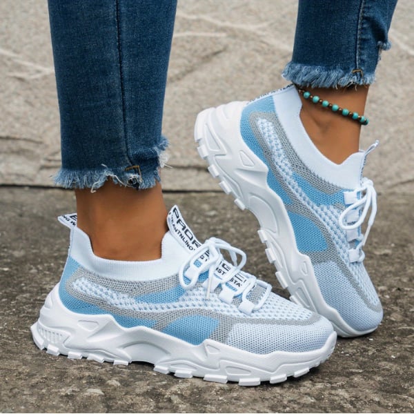 Meadow women's breathable mesh walking sneakers in blue, side profile view