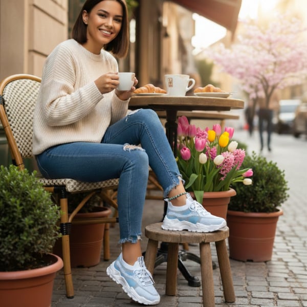 Meadow women's breathable mesh walking sneakers in blue, rear view