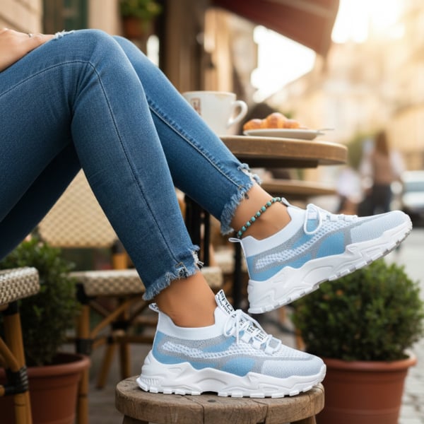 Meadow women's breathable mesh walking sneakers in blue, sole detail showing cushioned outsole