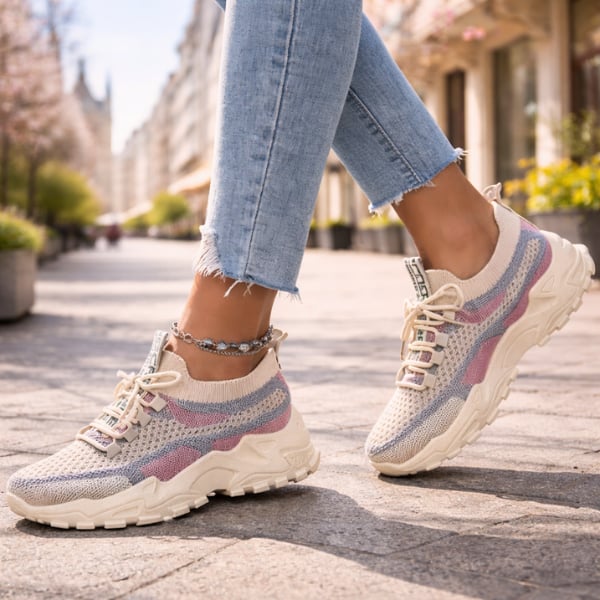 Meadow women's breathable mesh walking sneakers in blue, close-up of mesh upper texture