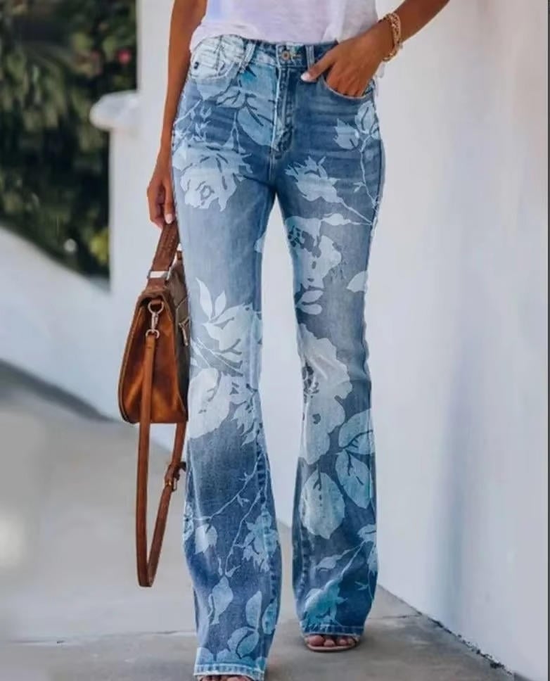Side view of floral print high waist flare jeans showing slim thigh and wide flare leg