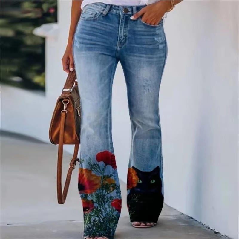 Detail shot of button fly and front pockets on high waist flare denim jeans