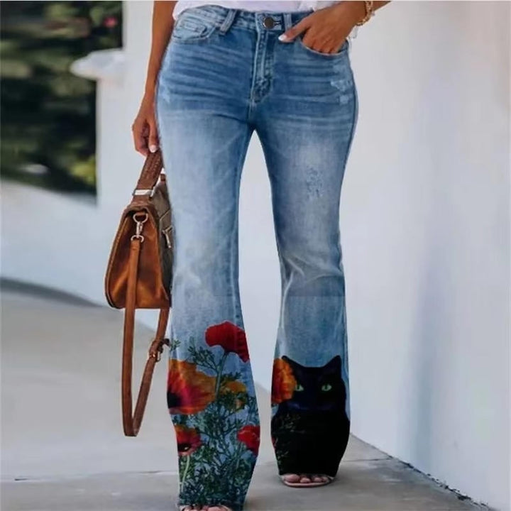 Detail shot of button fly and front pockets on high waist flare denim jeans