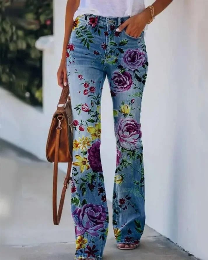 Close-up of the high waistband and clean wash finish on women's flare jeans in blue