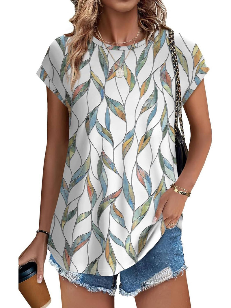 Front view of women's leaf print crew neck cap sleeve top in colorful leaf print on a white background