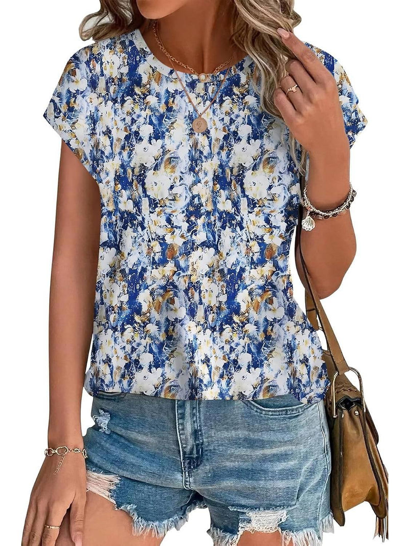 Side view of women's leaf print curved hem cap sleeve top showing relaxed silhouette