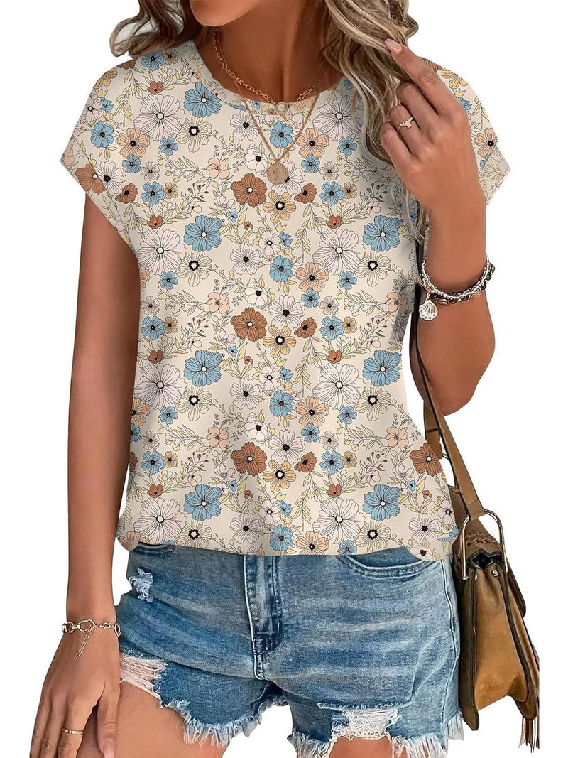 Women's Meadow leaf print top styled with denim shorts and white sneakers