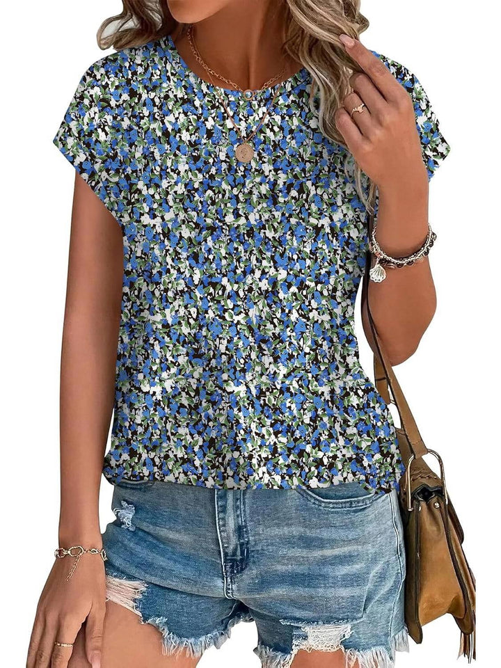 Women's cap sleeve casual top in boho print colorway flat lay on white background