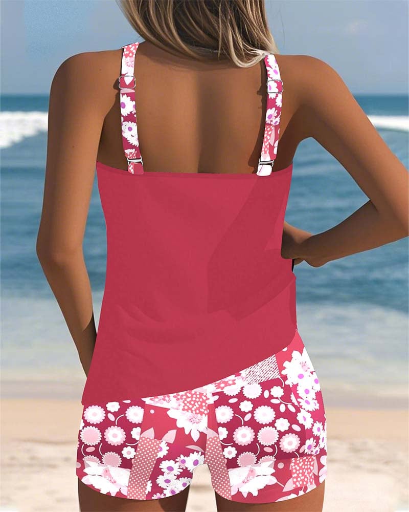 Close-up flat-lay of the Melanie floral tankini set showing the print detail and adjustable straps