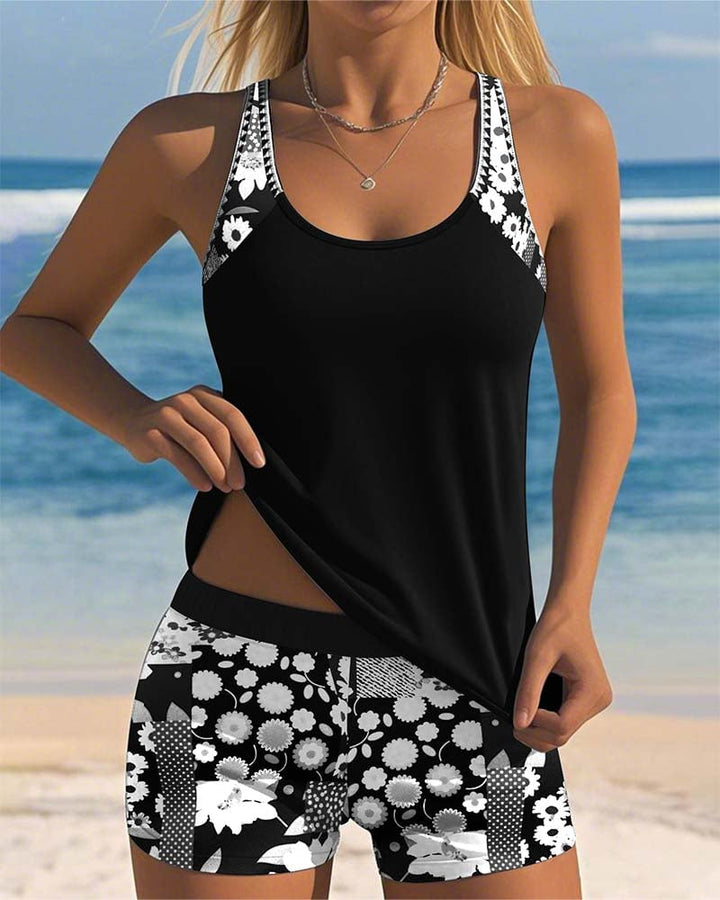 Side view of the floral tankini shorts showing relaxed fit and full coverage on a model