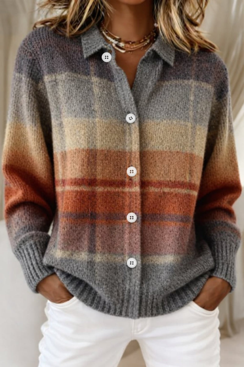 Woman wearing a multicolored checkered blouse with a flattering, lightweight fit, styled for a polished everyday look