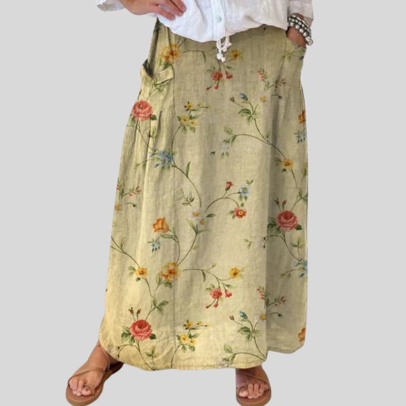 Side view of retro floral A-line skirt showing deep side pocket and flowing silhouette