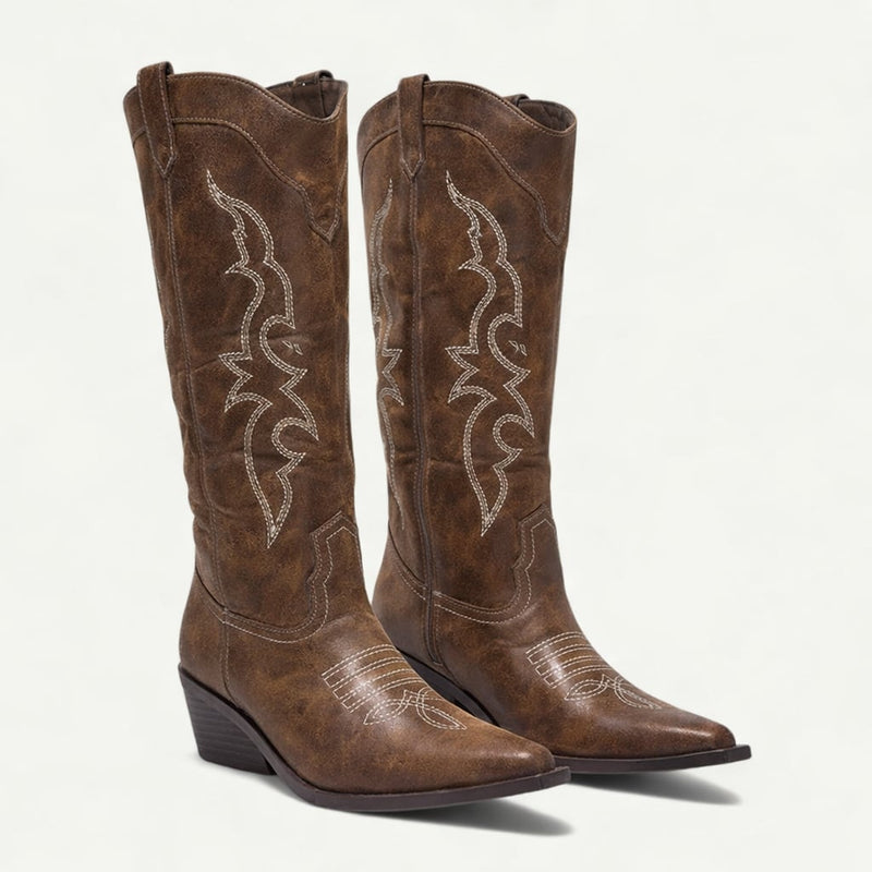 Close-up of the pointed toe detail on brown western calf-high boots