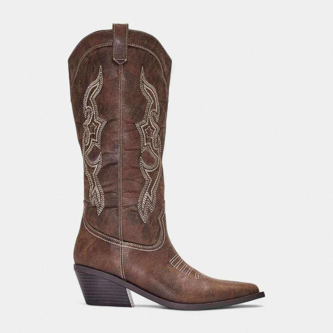 Side profile of black western calf-high boots showing sculpted shaft and heel