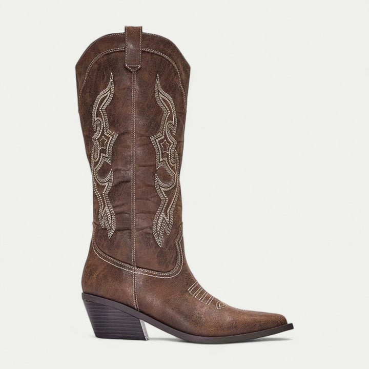 Side profile of black western calf-high boots showing sculpted shaft and heel