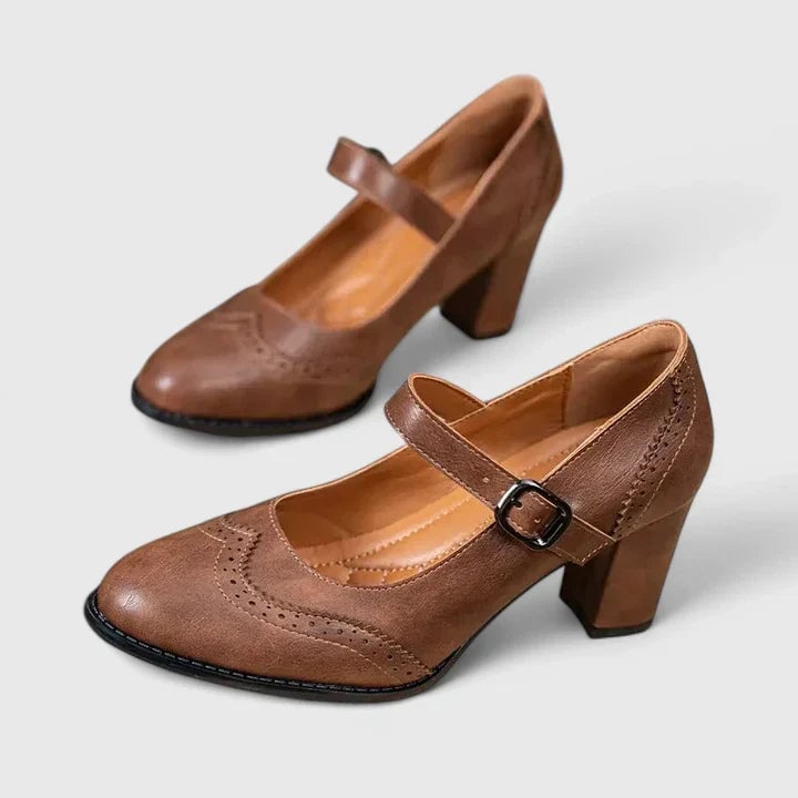 Meredith Mary Jane block heel shoes in black, side profile showing stable mid-height block heel