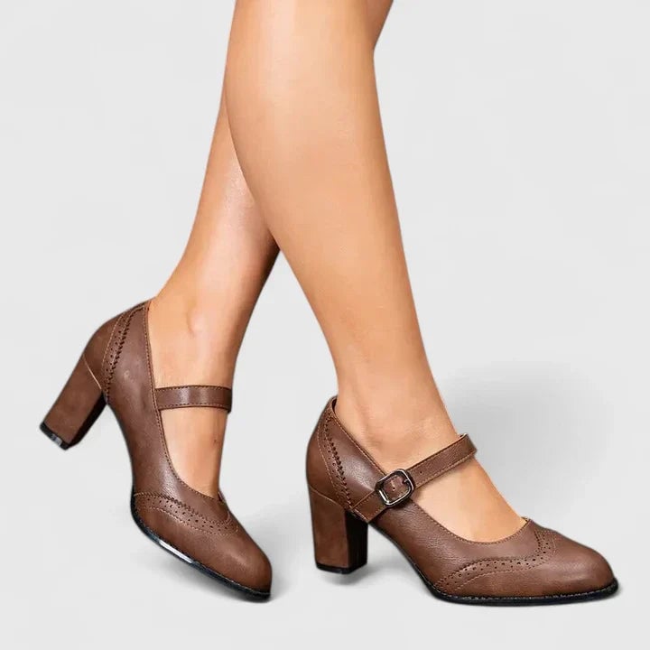 Meredith Mary Jane block heel shoes in brown, side profile highlighting block heel and silhouette