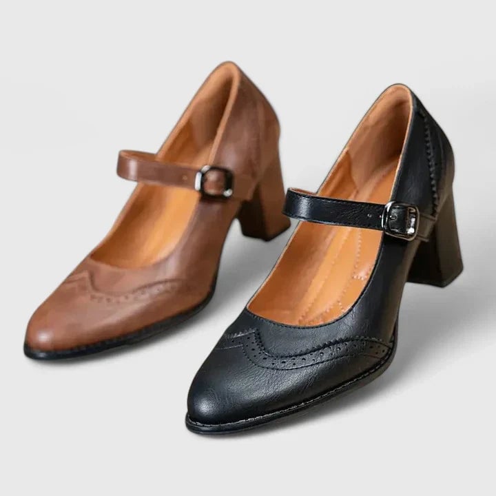 Close-up of buckle strap detail on Meredith Mary Jane heels in brown
