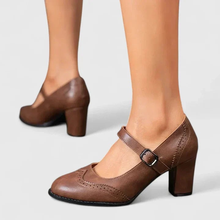Meredith Mary Jane block heel shoes in brown, overhead flat-lay view