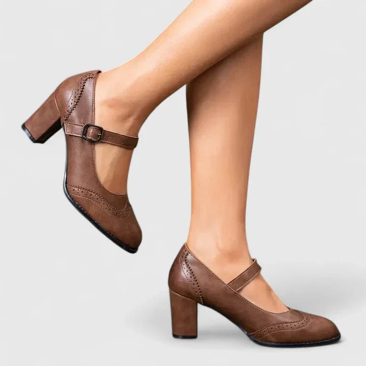 Meredith Mary Jane block heel shoes in black and brown side by side for color comparison
