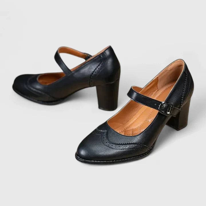 Meredith Mary Jane block heel shoes styled with tailored trousers for an office-ready look