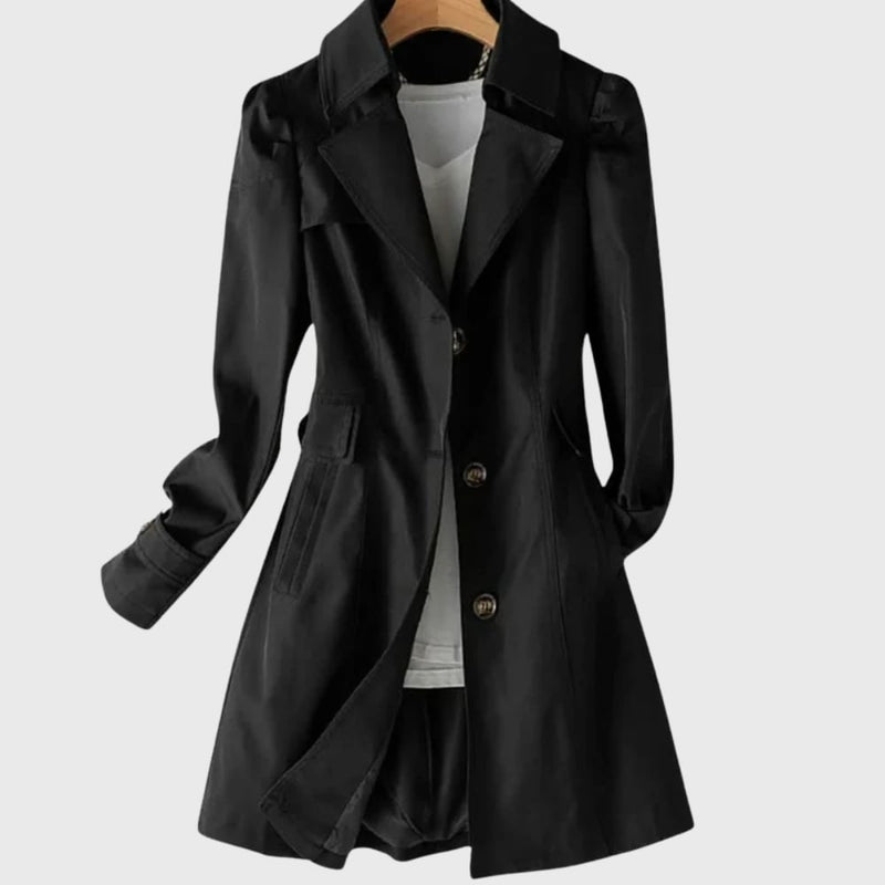 Close-up detail of the everyday rain coat showing adjustable closures, pockets, and clean stitching