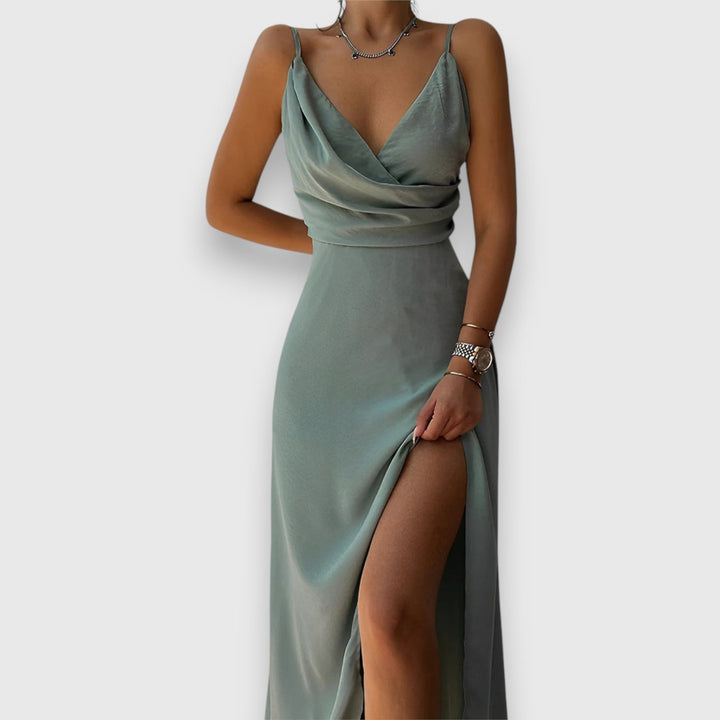 Michelle elegant evening dress styled for a special occasion, available in Beige Gray, Black, and Mint