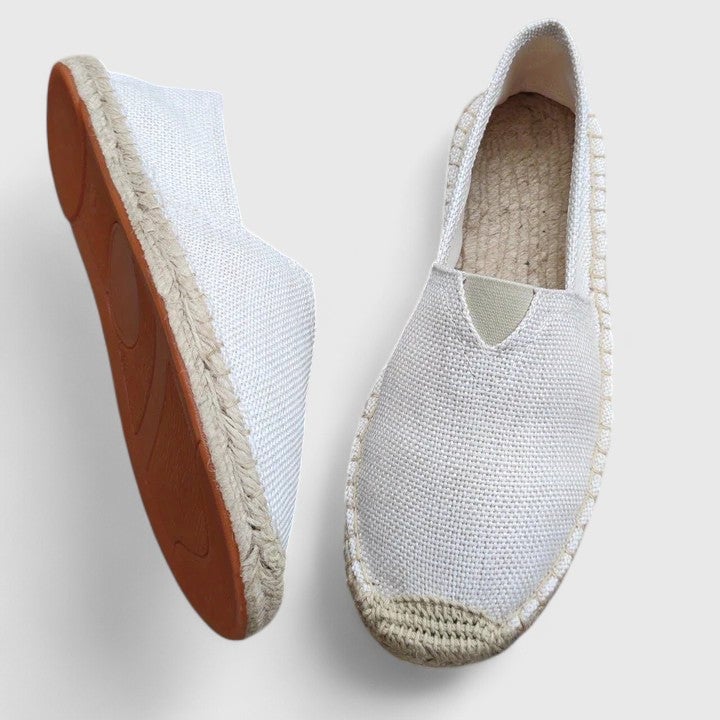 Mila women's white slip-on espadrille flats with breathable knit mesh upper and braided jute sole, front view