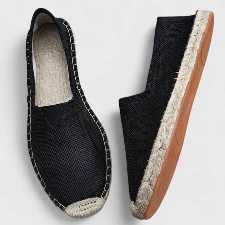 Pair of Mila grey knit mesh espadrille flats displayed on a clean white surface