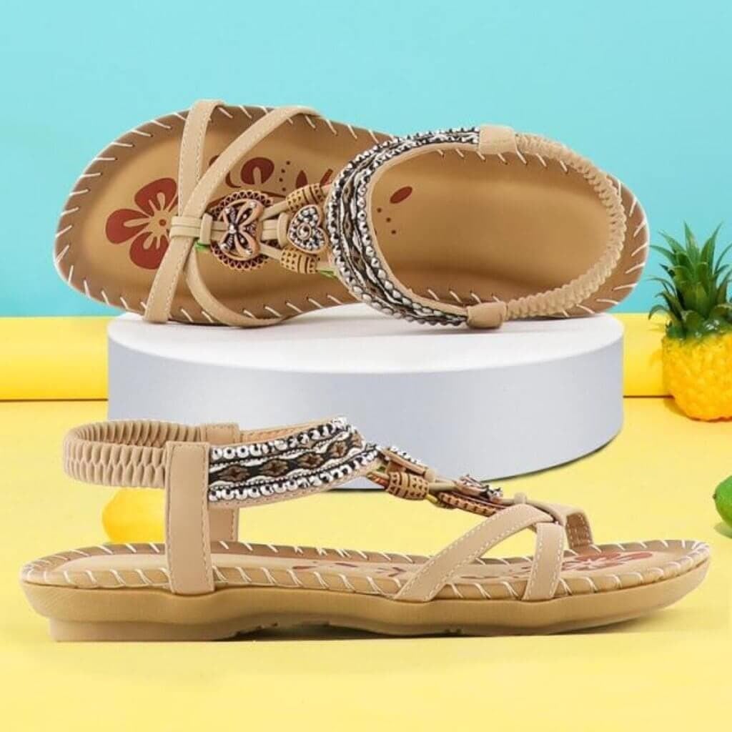Millicent cushioned sandals in beige styled with linen trousers, lifestyle outfit shot