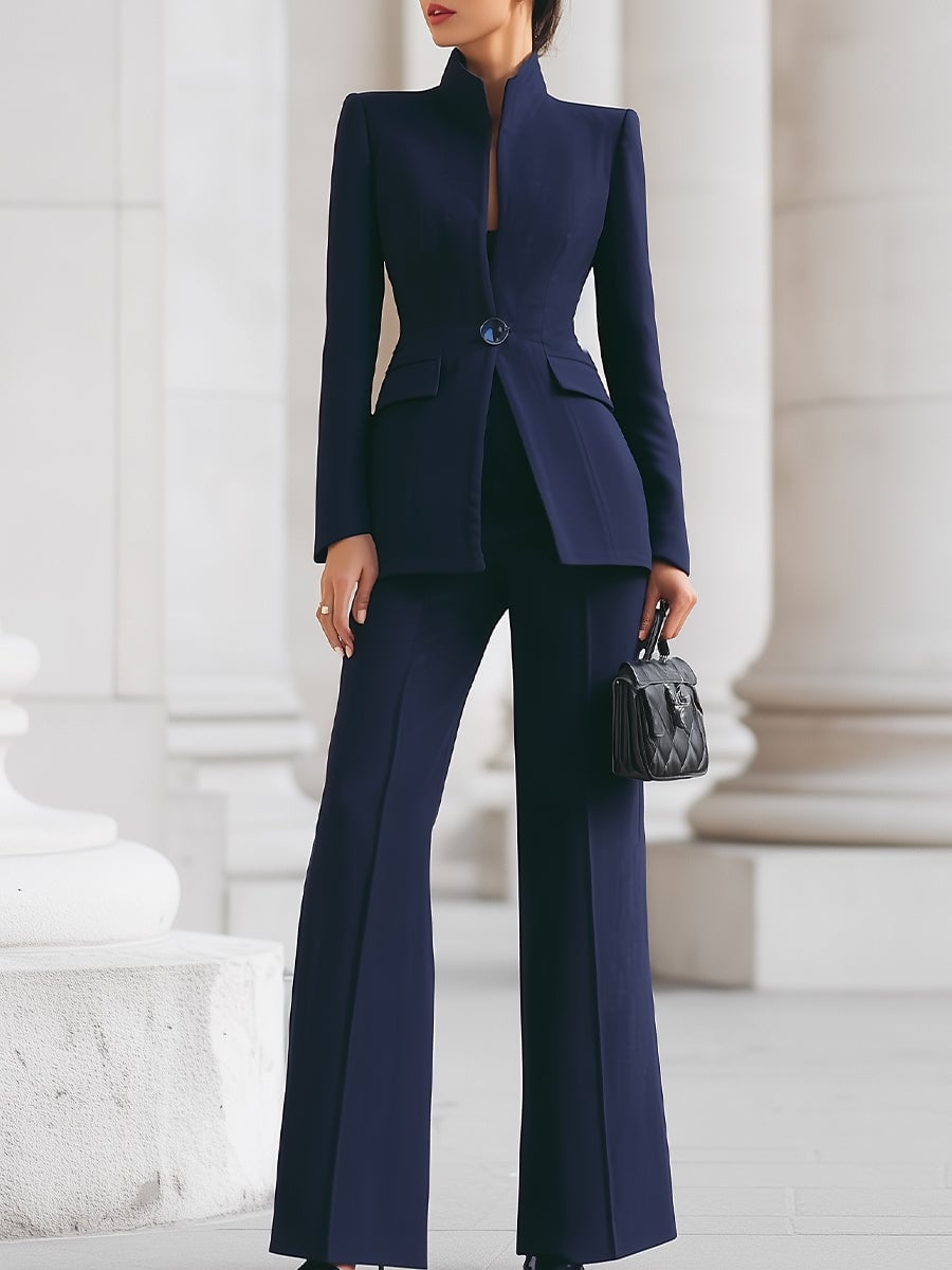 Front view of the Mirabella women's tailored blazer and wide-leg pants set in navy blue