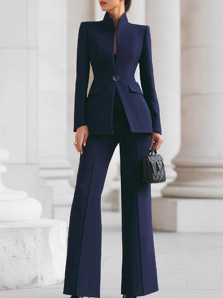 Front view of the Mirabella women's tailored blazer and wide-leg pants set in navy blue