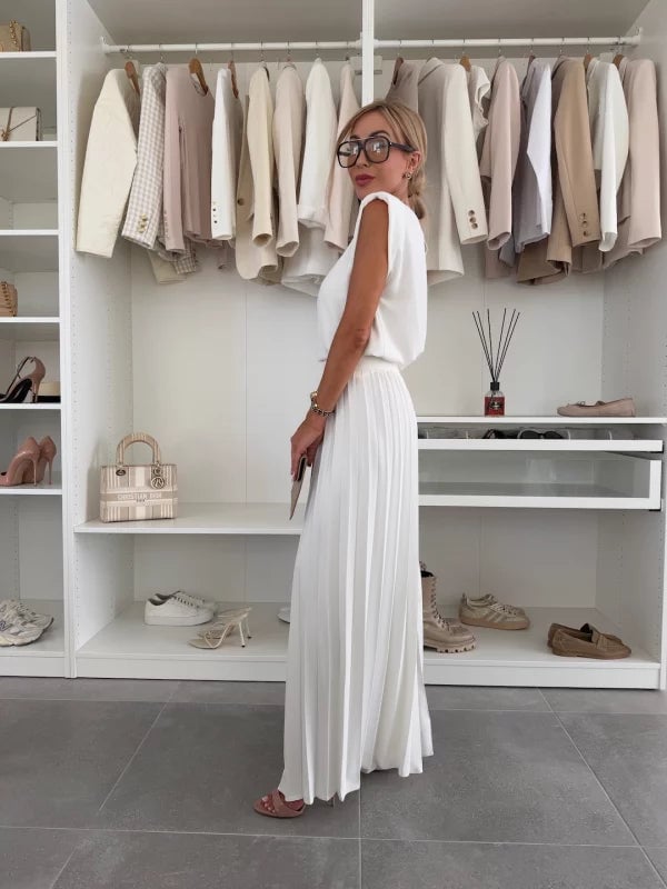 Florimay Mirabelle sleeveless top and wide-leg pants set in white, side view