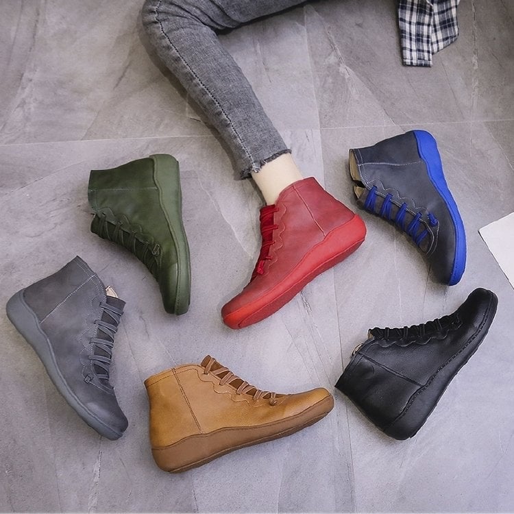 Overhead flat-lay of women's support boots in multiple color options