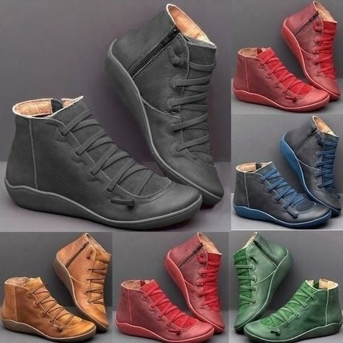Women's comfortable support boot in brown on model foot