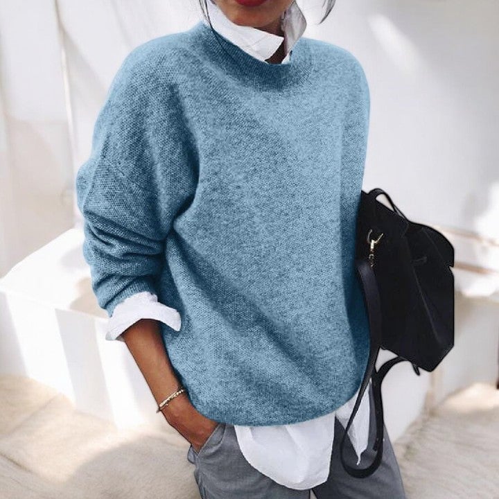 Close-up of the Molly soft everyday sweater in Blue showing lightweight fabric texture