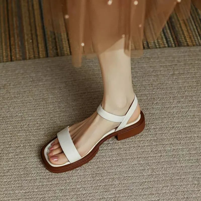 Molly sandal in brown worn on foot showing low block heel and comfortable fit