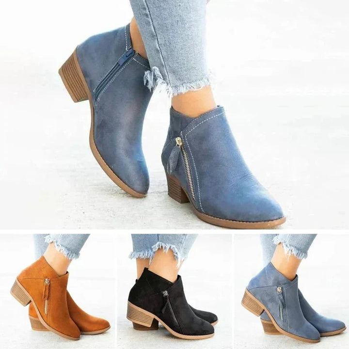 Florimay Mona ankle boots in all four colors: blue, orange, black, and beige
