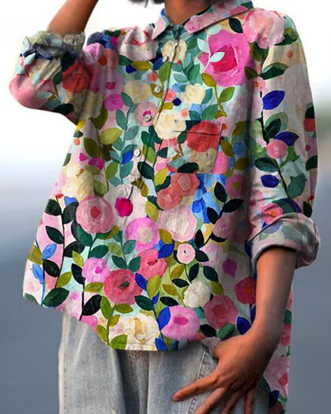 Close-up of floral print detail on a soft, breathable women's blouse