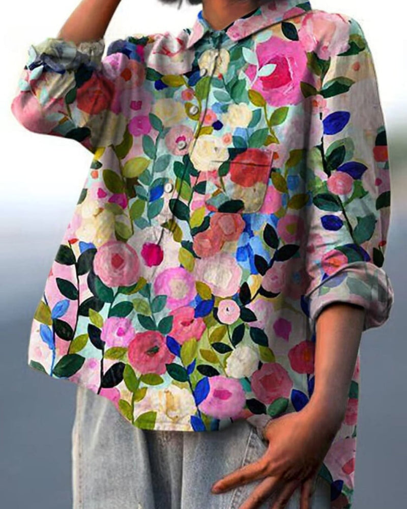 Close-up of floral print detail on a soft, breathable women's blouse