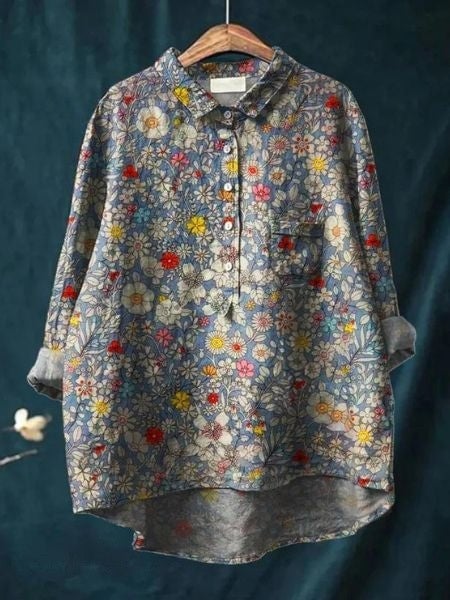 Side view of floral blouse showing relaxed structured silhouette and fabric drape